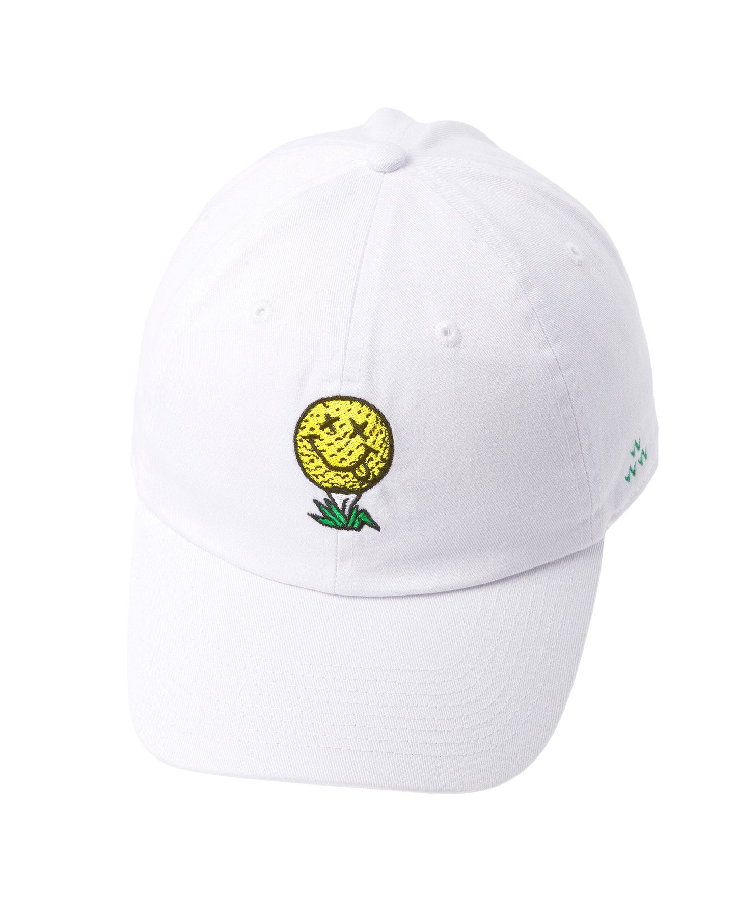 White six-panel cotton cap with an embroidered yellow smiley face golf ball on a tee.