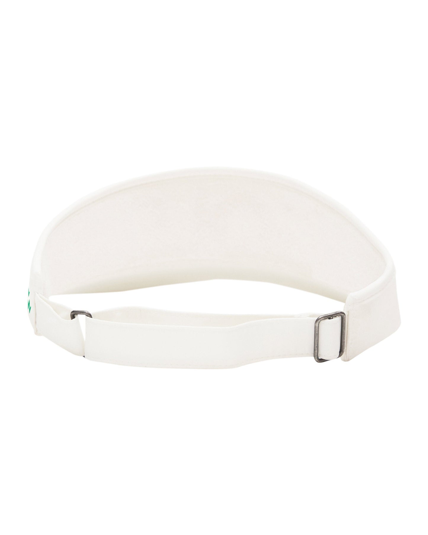 Back of a white visor with an adjustable strap, metallic buckle, and green side branding.