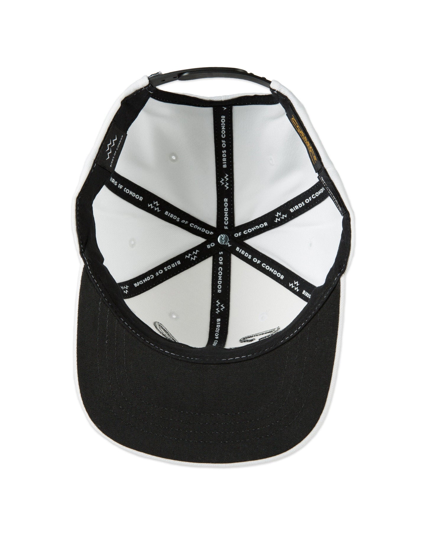 Interior of a white snapback cap showing black branded seam taping and a black underbill.