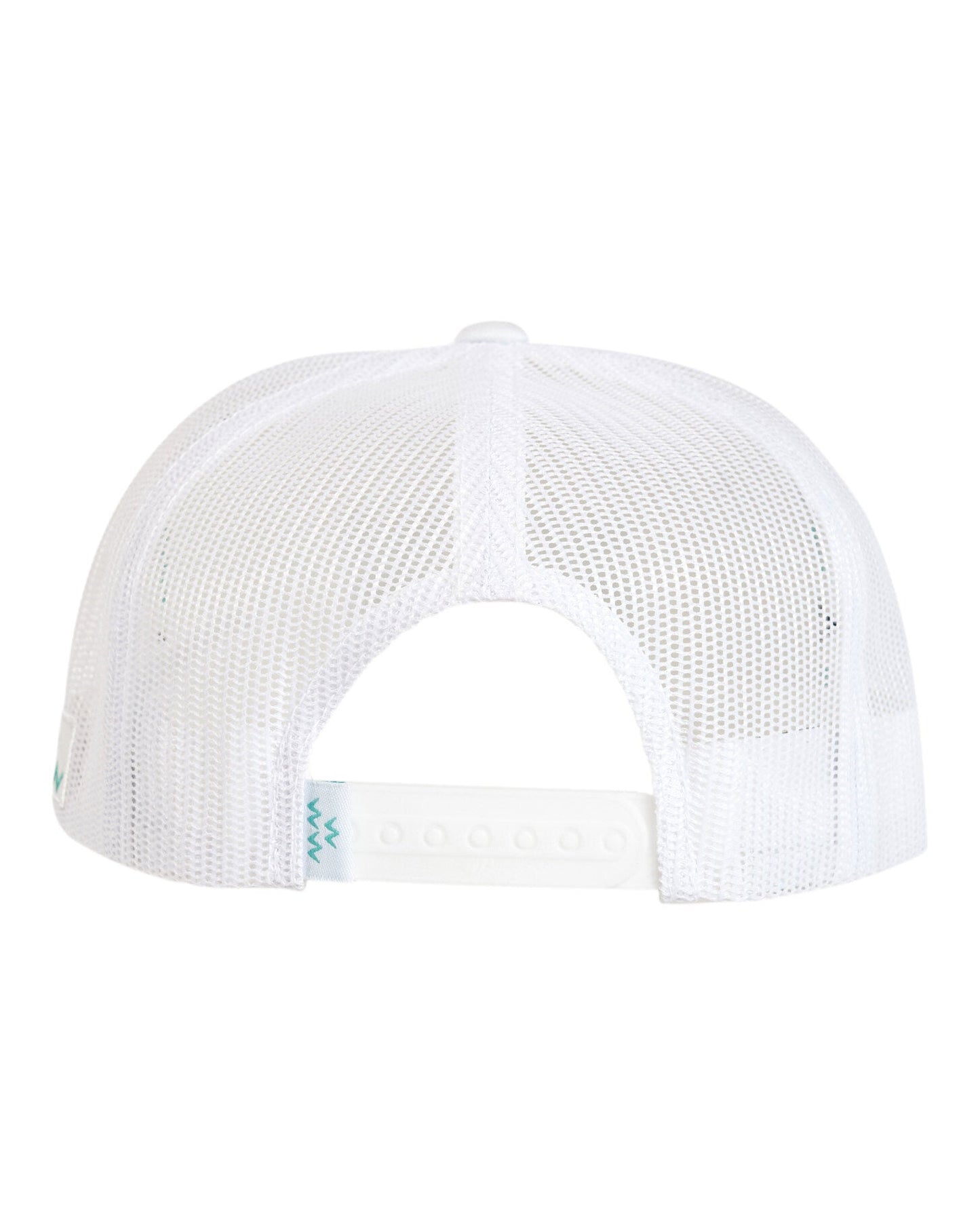 Back of a white trucker hat featuring mesh side panels and an adjustable plastic snapback closure.