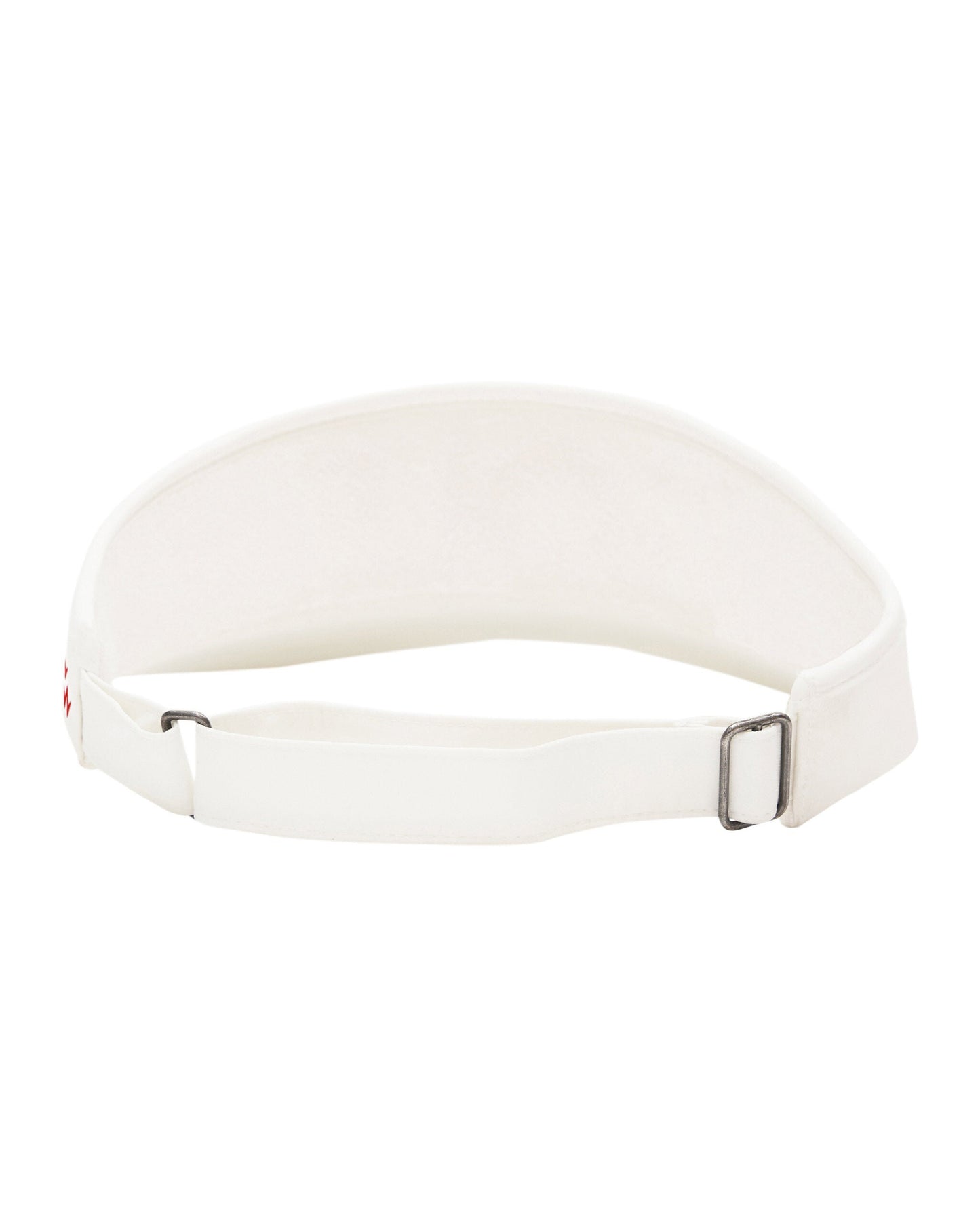Back of a white golf visor featuring an adjustable strap with dark metal slides.