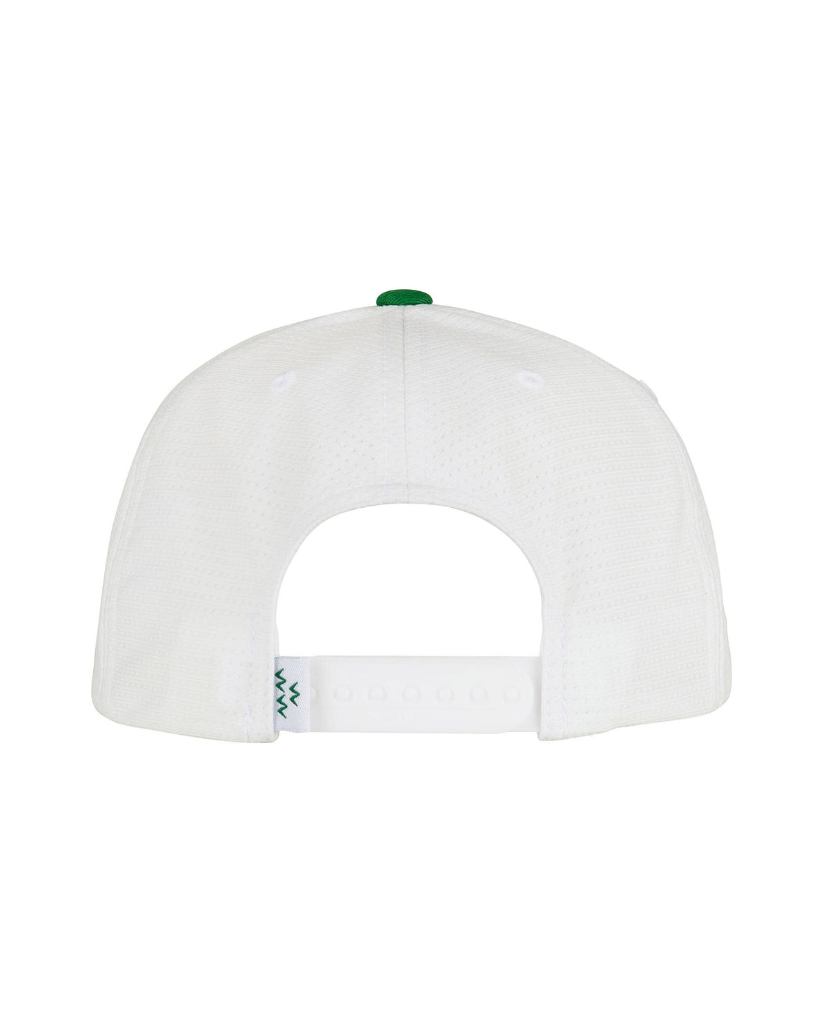 Back of a white five-panel snapback with a green top button and a small green graphic label on the strap.