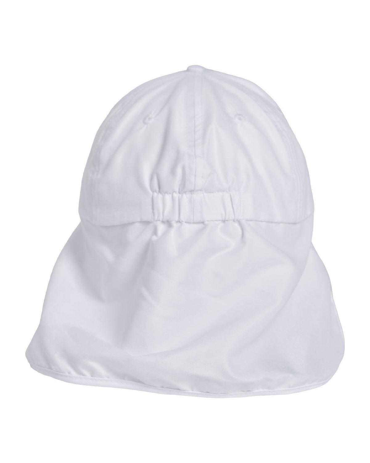 Back of a white legionnaire hat with an attached neck flap and an elasticated back strap.