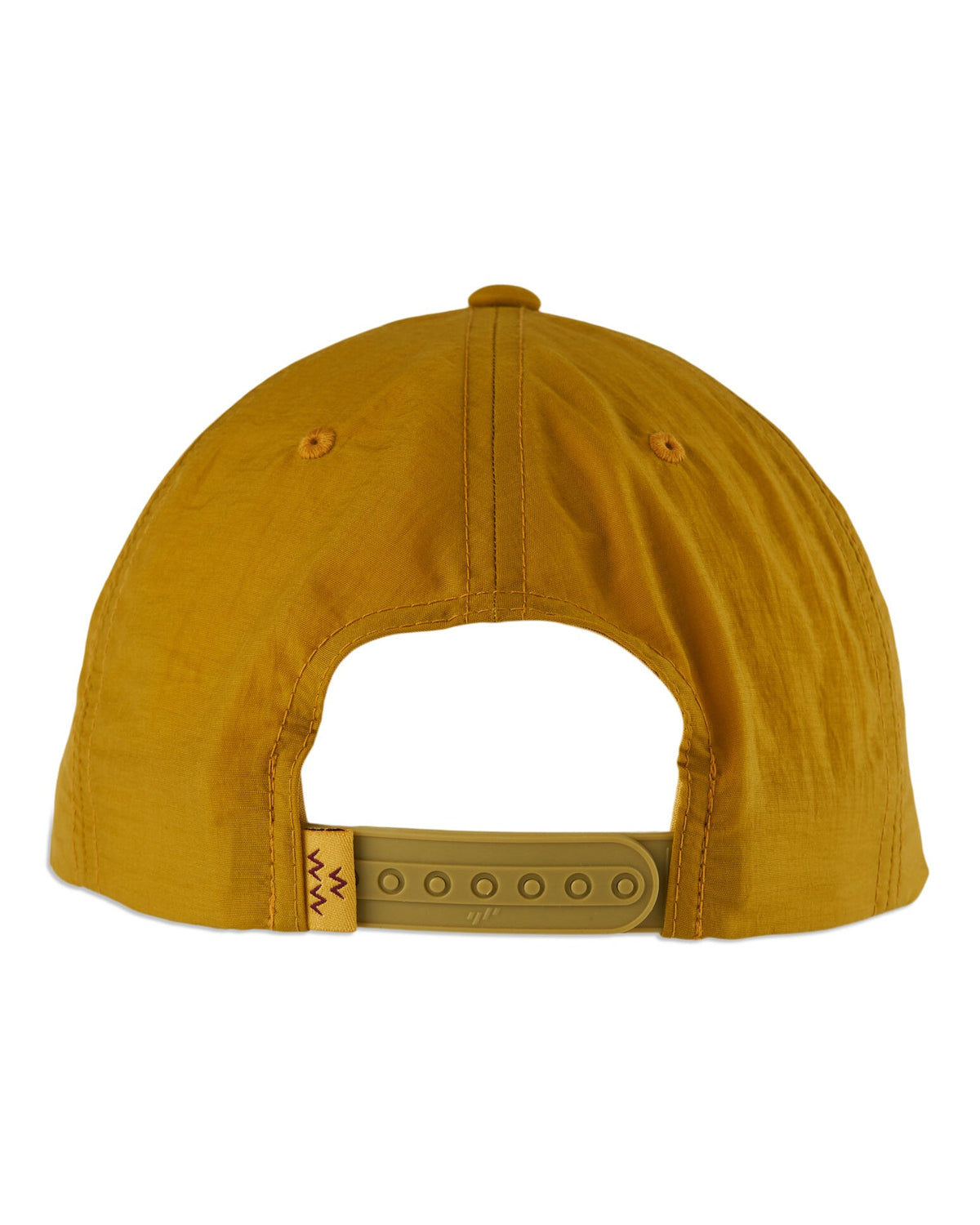 Back of a gold nylon cap featuring a matching plastic snapback closure and a small woven label.