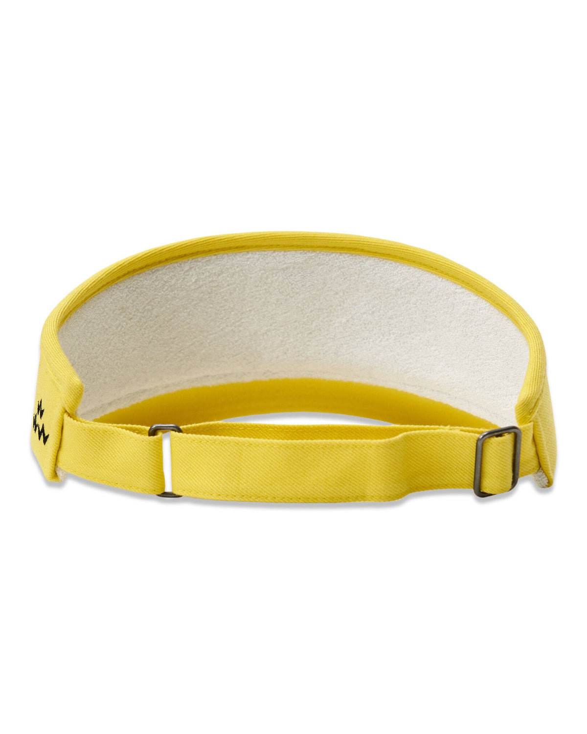 Back of a yellow visor with an adjustable strap, metal hardware, and a white terry cloth sweatband.