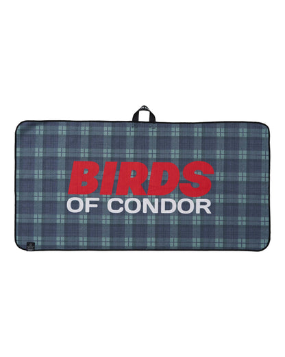 Fairway check golf towel featuring a large red and white printed Birds of Condor logo and a black hanging loop.