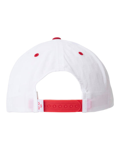 Back of a white snapback cap with a red adjustable strap and red top button and eyelets.