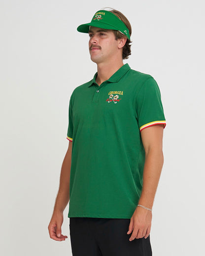 Man wearing a green polo shirt with a Georgia logo on a white background