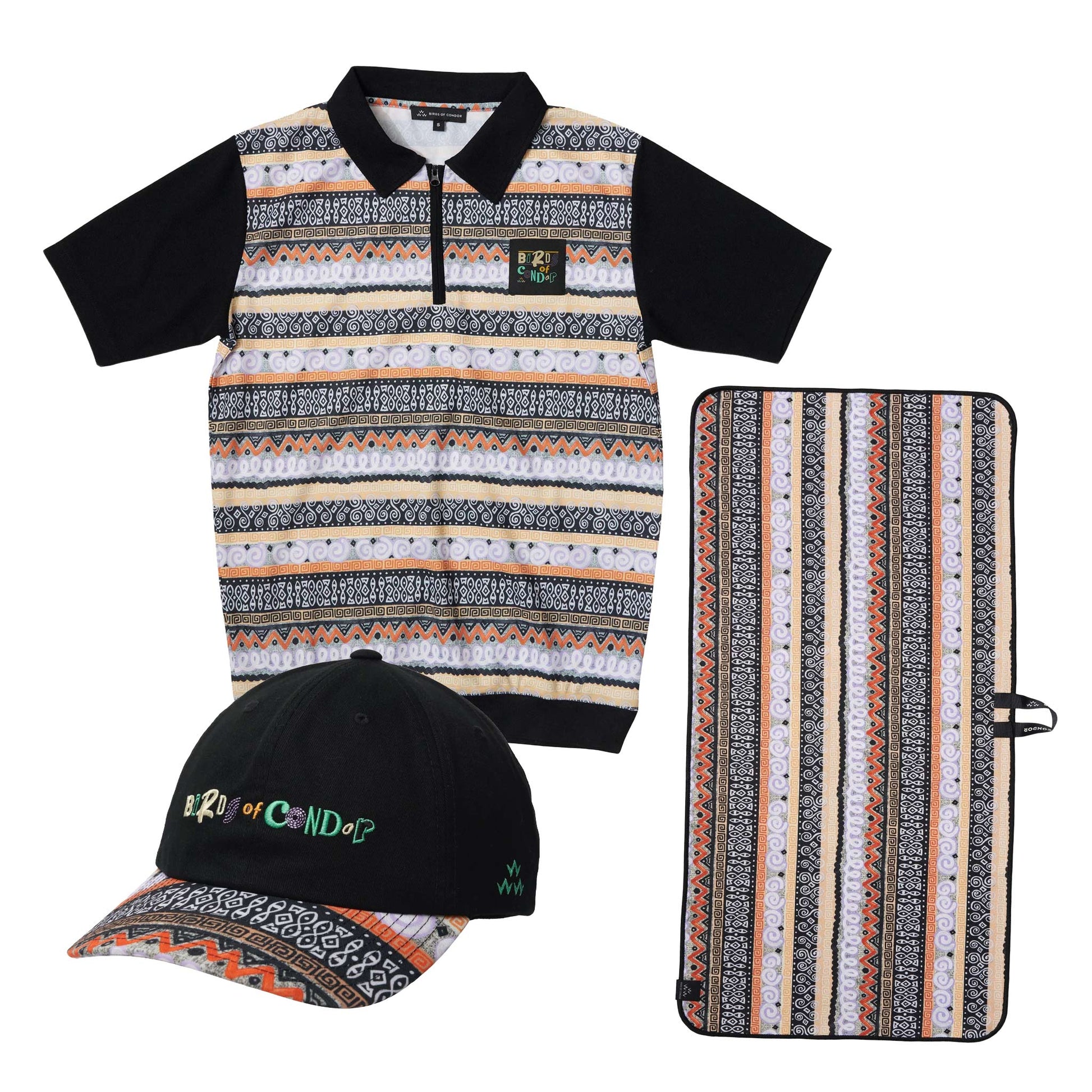Striped shirt, cap, and bag with pattern on a white background