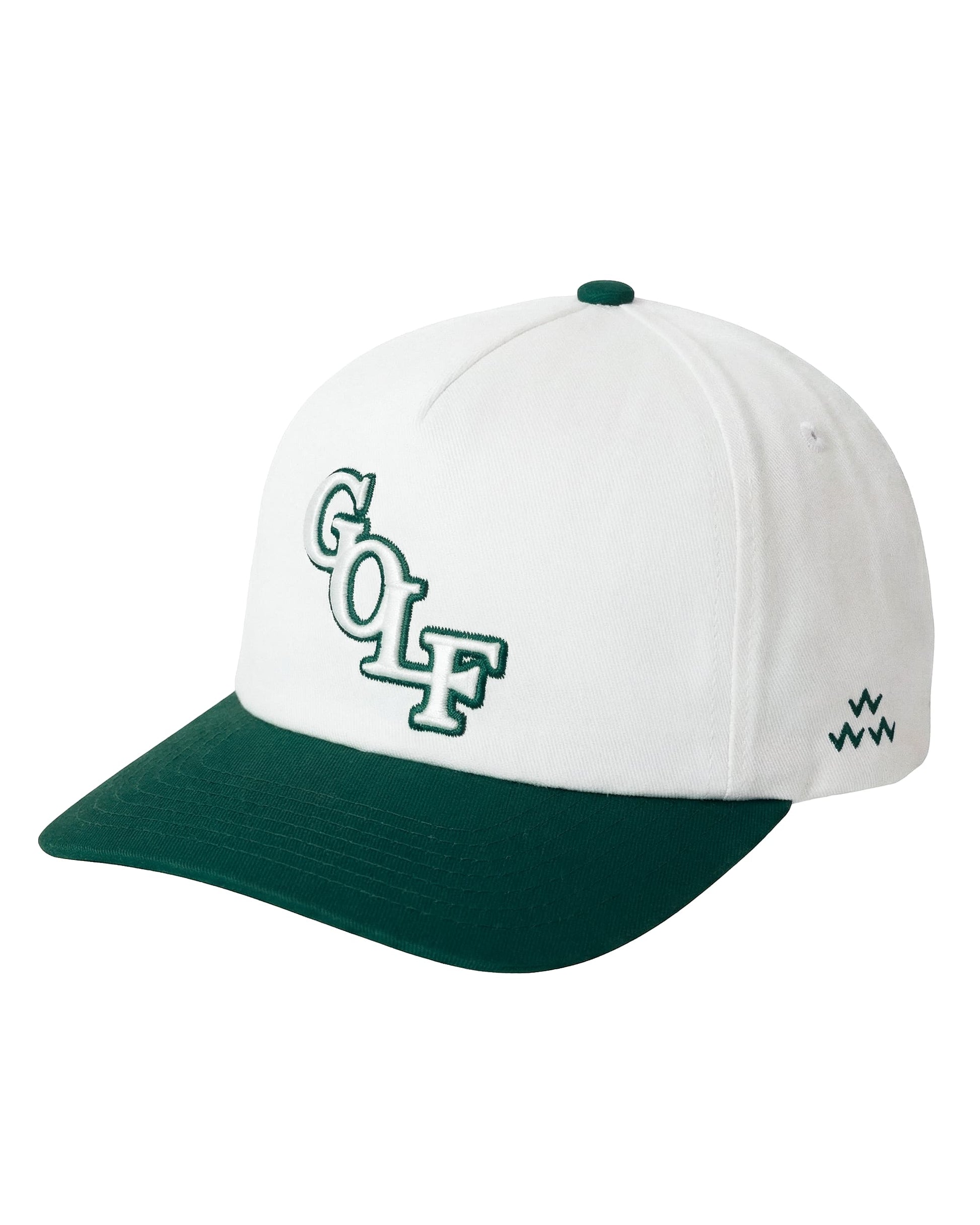 White and green cap with 'GOLF' logo on a white background