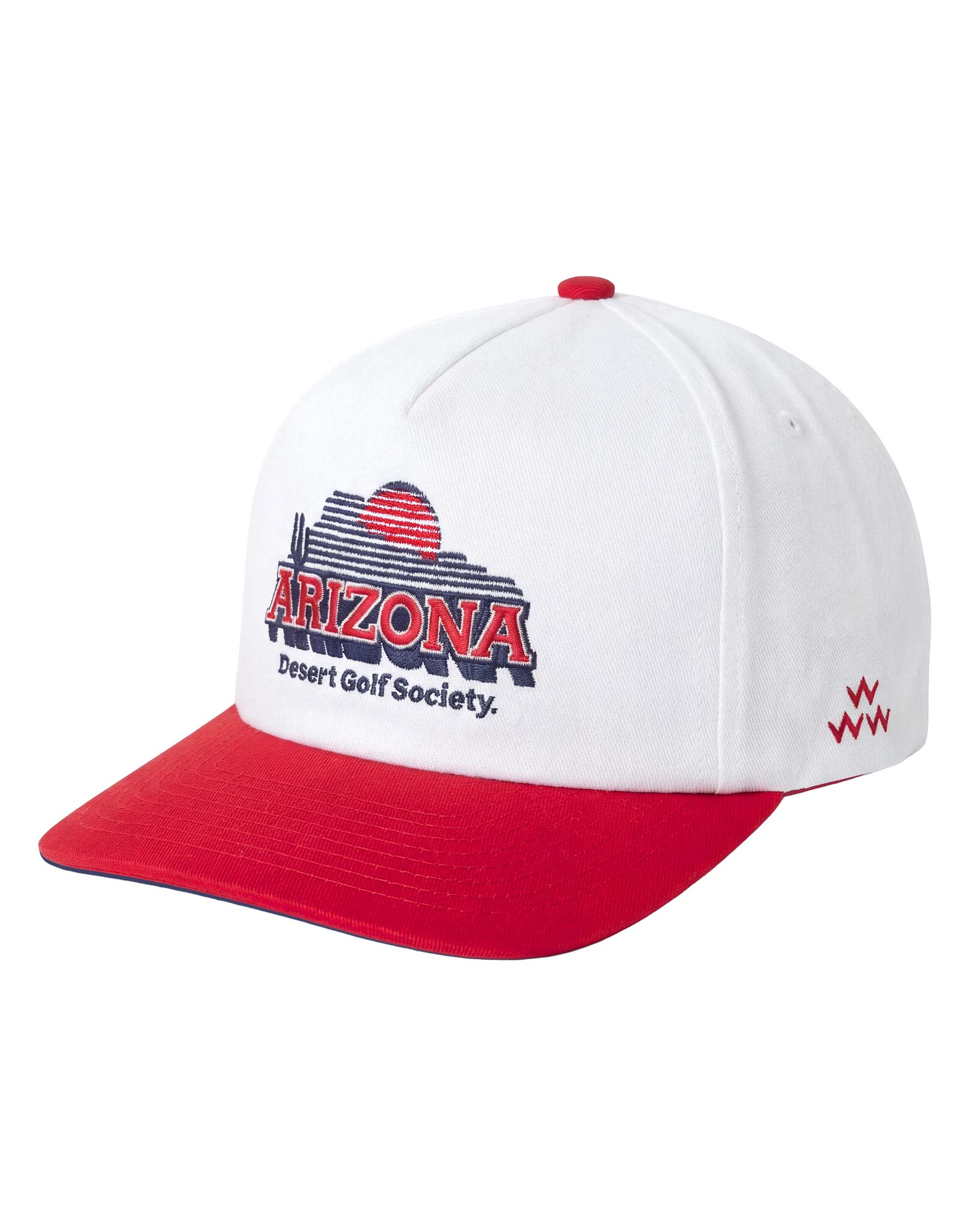 White and red cap with 'Arizona Desert Golf Society' logo on a white background
