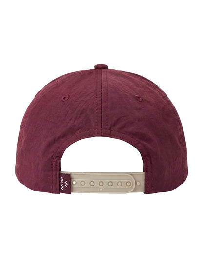 Rear view of a burgundy baseball cap with a light beige adjustable strap closure, shown on a plain white background.