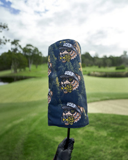 Black headcover with an all-over forest print and a repeating bear graphic wearing sunglasses and a cap.