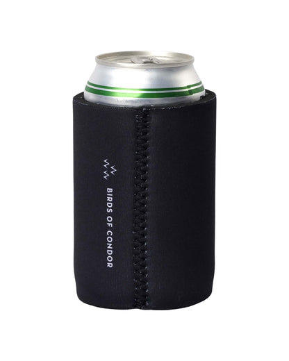 Front of a black beer koozie holding a can, featuring a vertical Birds of Condor logo design and zig-zag side seam.