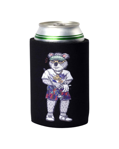 A black beer koozie featuring a graphic of a koala in a caddy visor holding a golf club.
