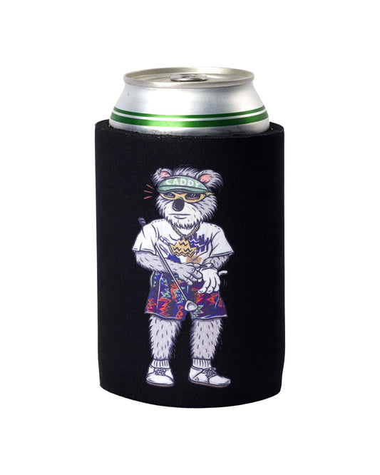 A black beer koozie featuring a graphic of a koala in a caddy visor holding a golf club.