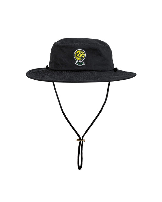 Black boonie hat featuring a yellow and white embroidered golf ball smiley face patch and chin cord.