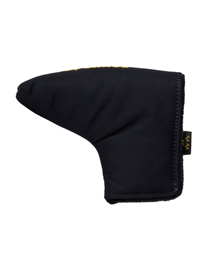 Black blade putter headcover featuring a magnetic closure and a small side tag with yellow zig-zag motifs.