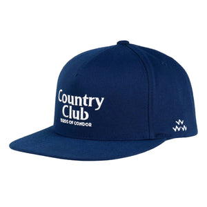 Blue and White 5-Panel Snapback Cap with Embroidered Country Club Logo, Plastic Snapback Closure, 100% Polyester Pro-Formance Material, Signature Birds of Condor Internal Taping - One Size Fits Most