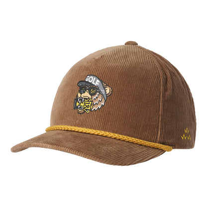 Golden Bear Snapback Hat - Brown Corduroy, Plastic Snap, Slight Curve Brim, 100% Cotton 5 Panel, OSFA (Suitable for Larger Heads), Front View