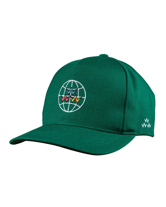 Dark green snapback hat with white globe embroidery featuring multi-coloured overlapping W shapes.