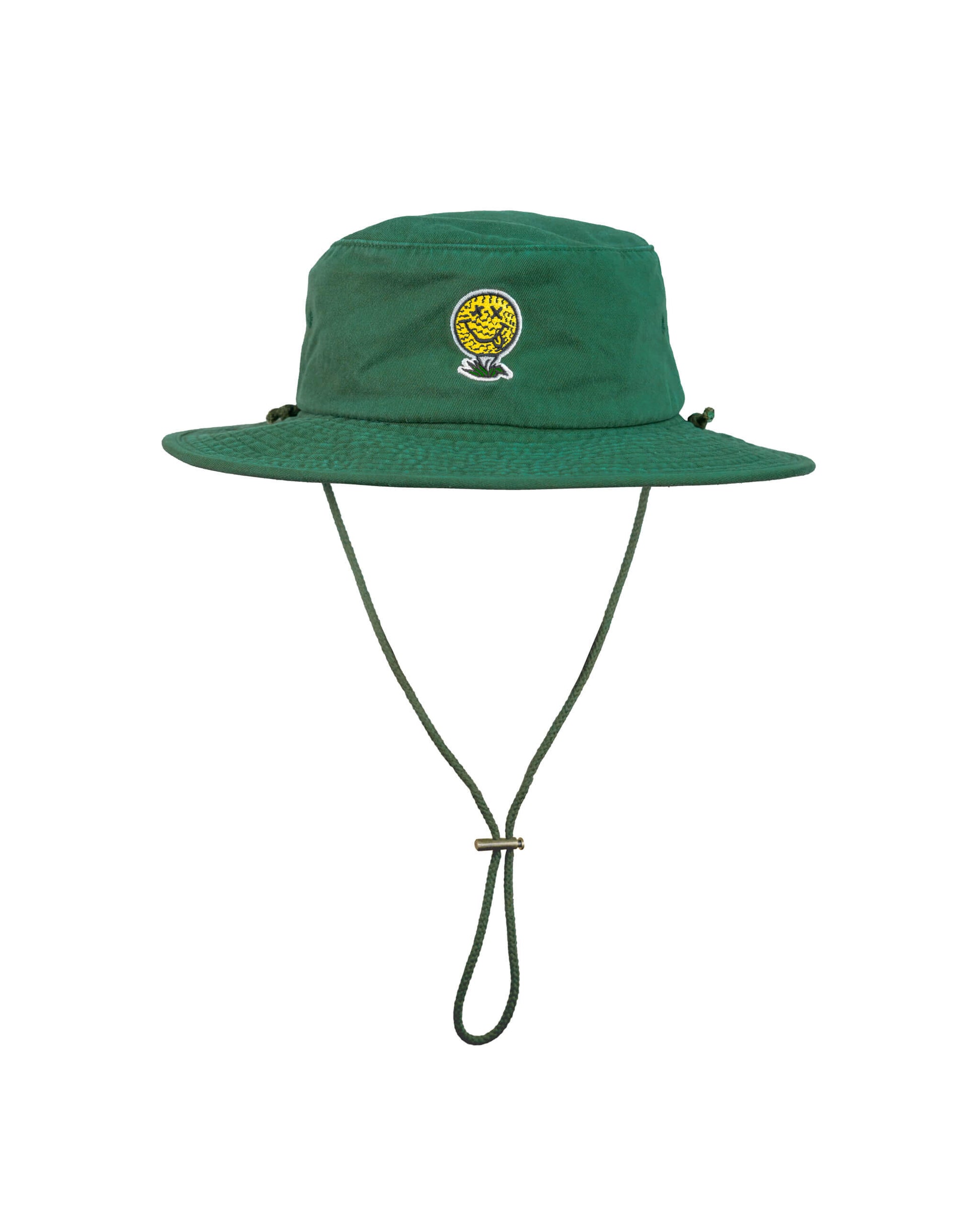 Green boonie hat featuring an embroidered yellow smiley face golf ball and an adjustable chin cord.