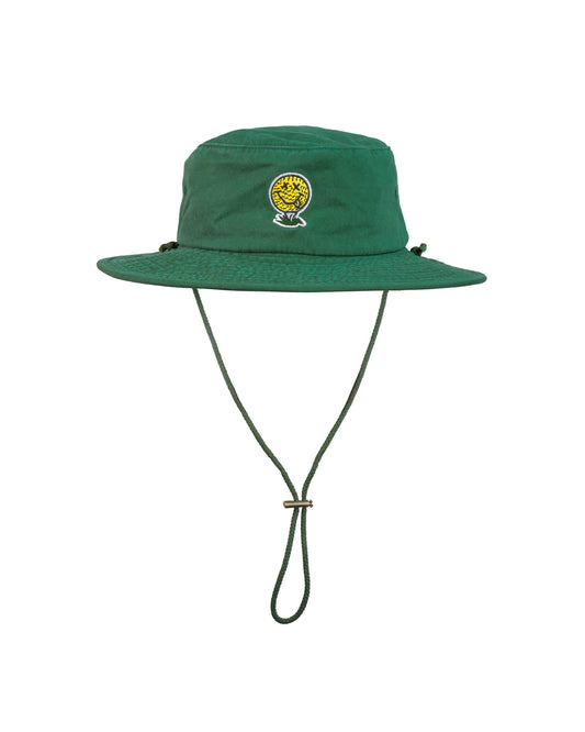 Green boonie hat featuring an embroidered yellow smiley face golf ball and an adjustable chin cord.