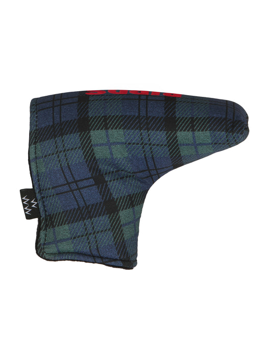 A golf putter headcover made of tartan fabric in shades of blue, green, and black, featuring a black brand tag on the side.