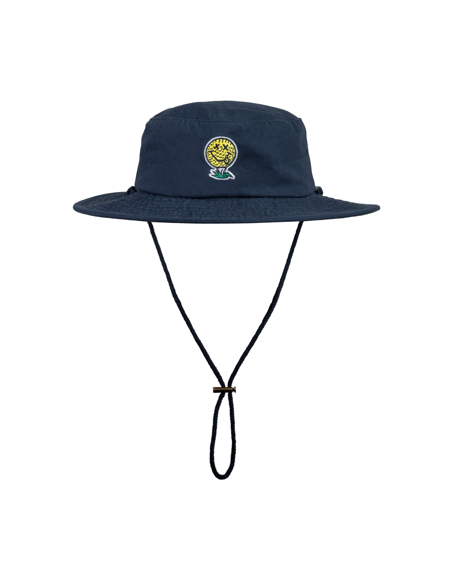Navy boonie hat with a wide brim, chin strap, and an embroidered yellow smiley golf ball on the front.