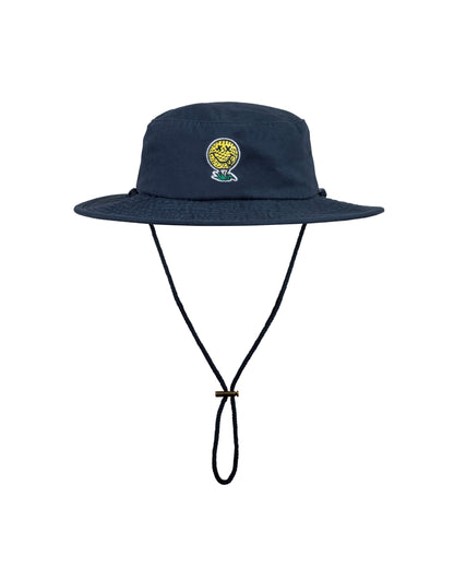 Navy boonie hat with a wide brim, chin strap, and an embroidered yellow smiley golf ball on the front.