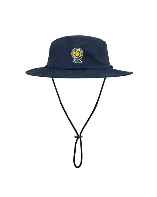 Navy boonie hat with a wide brim, chin strap, and an embroidered yellow smiley golf ball on the front.