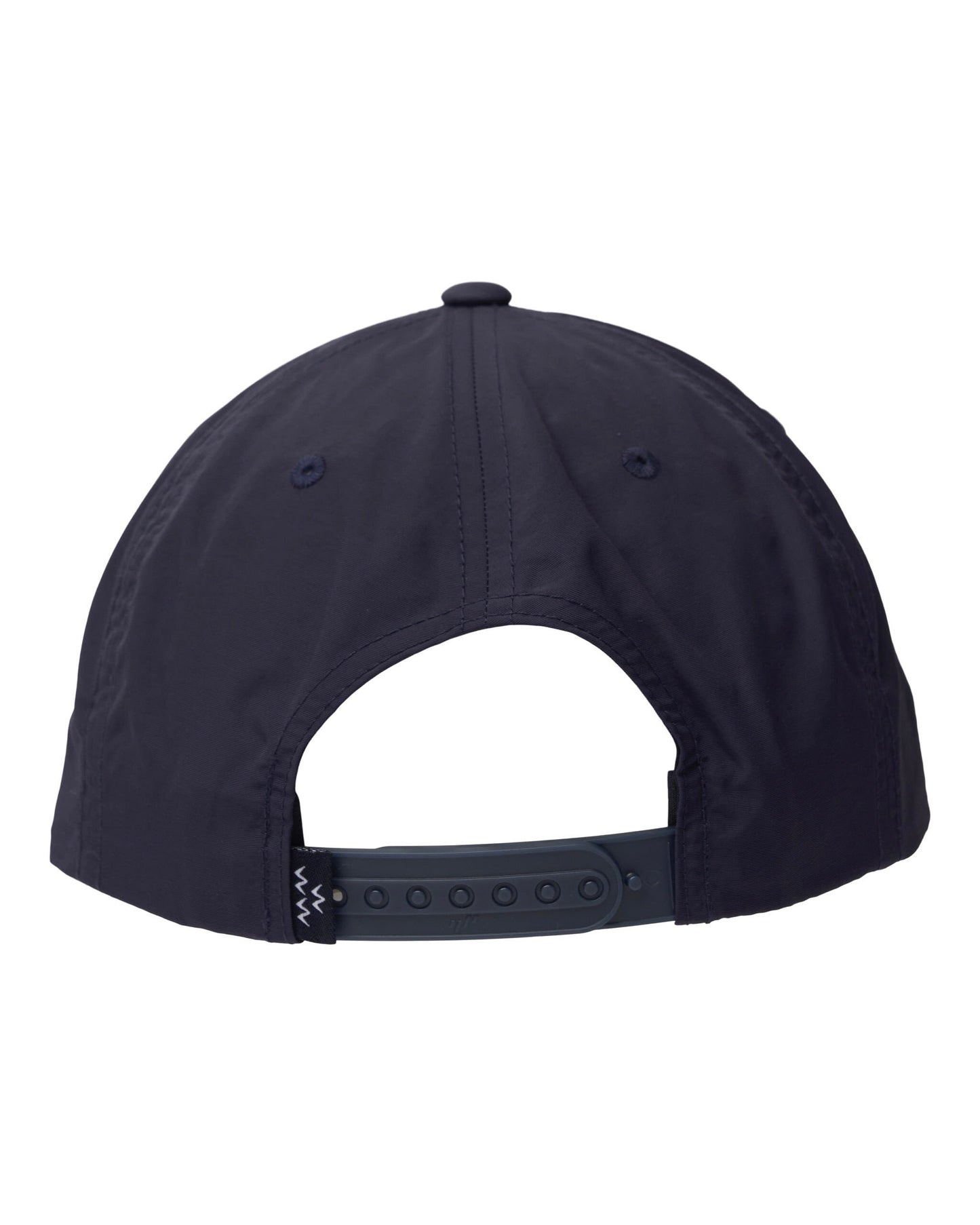 Back of a navy five-panel cap with a plastic snapback closure and a small black label on the strap.