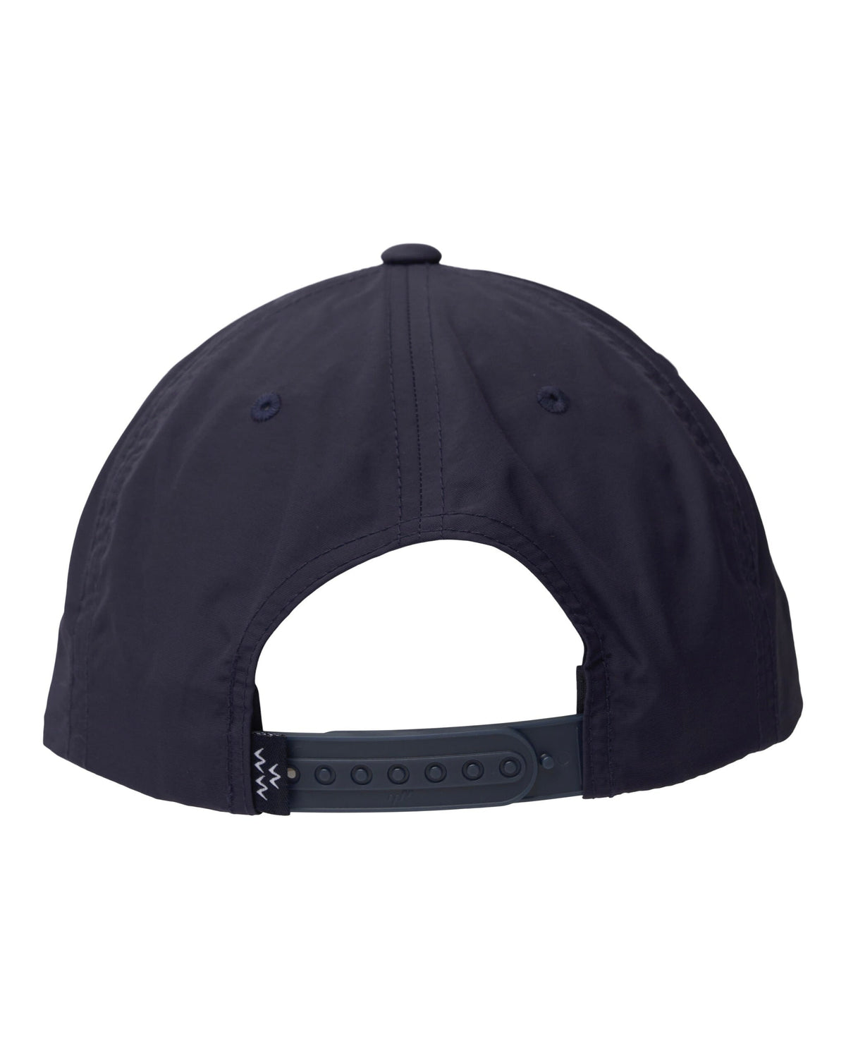 Back of a navy five-panel cap with a plastic snapback closure and a small black label on the strap.