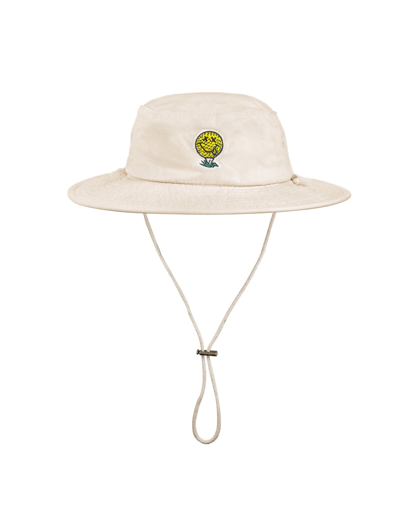 Off-white boonie hat featuring an embroidered yellow smiley face on a golf tee graphic and chin cord.