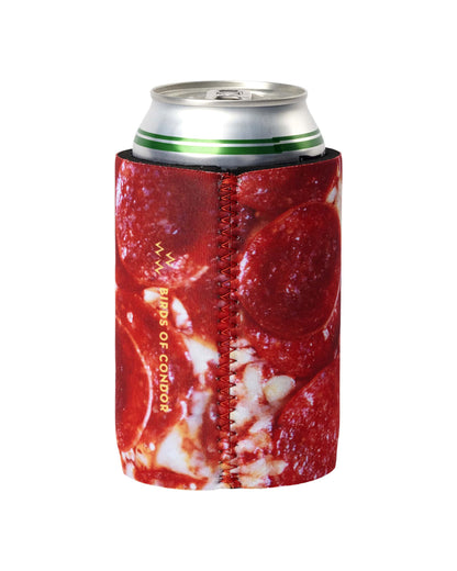 Pepperoni beer koozie featuring a photo print of pizza slices with cheese and red zig-zag side seams.
