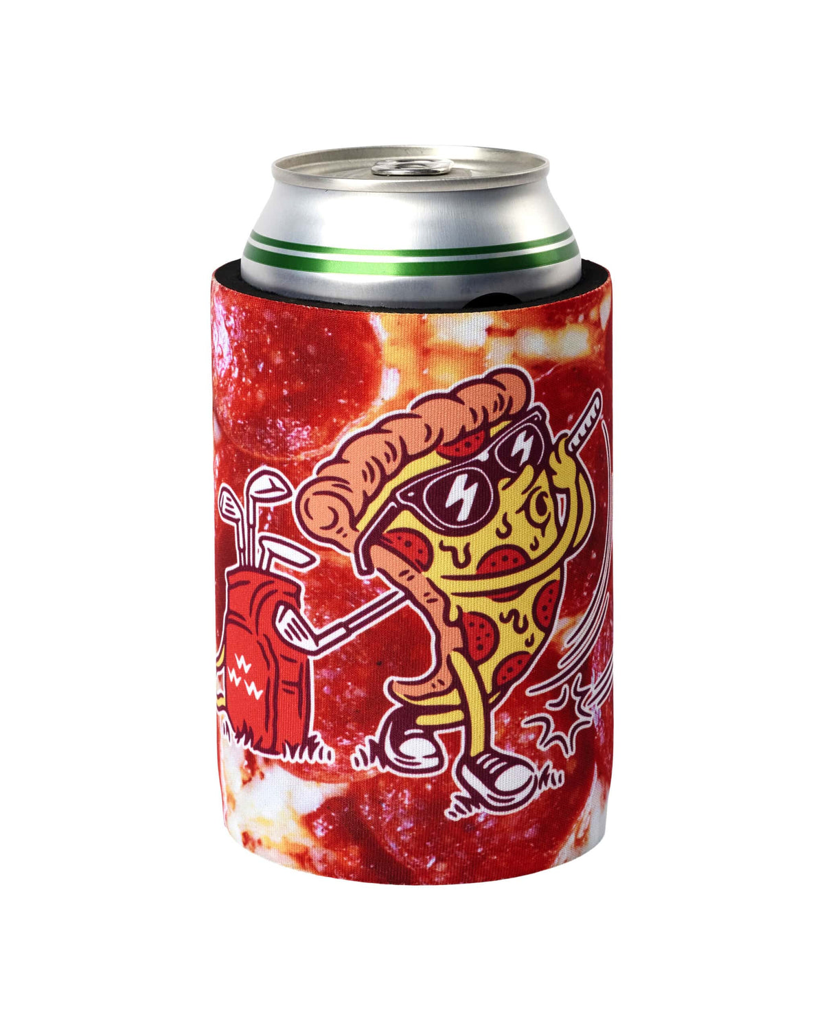 Pepperoni beer koozie featuring a cartoon pizza slice wearing sunglasses while swinging a golf club.