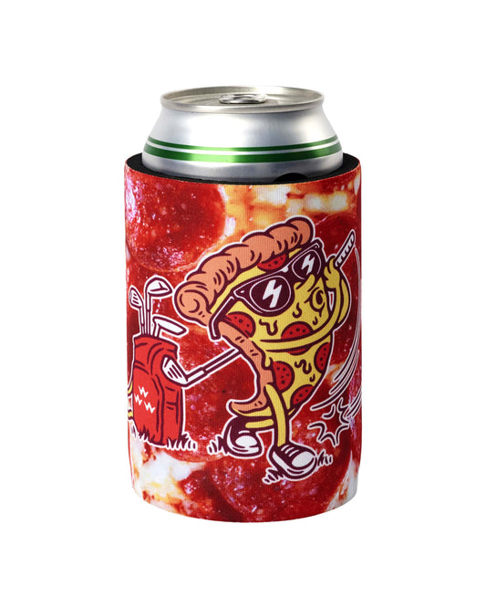 Pepperoni beer koozie featuring a cartoon pizza slice wearing sunglasses while swinging a golf club.