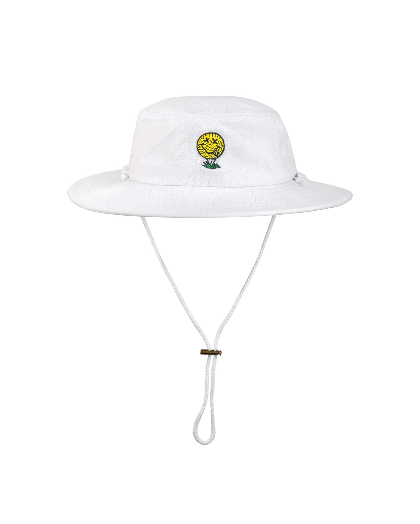 White boonie hat featuring an embroidered yellow smiley face graphic and an adjustable chin cord.