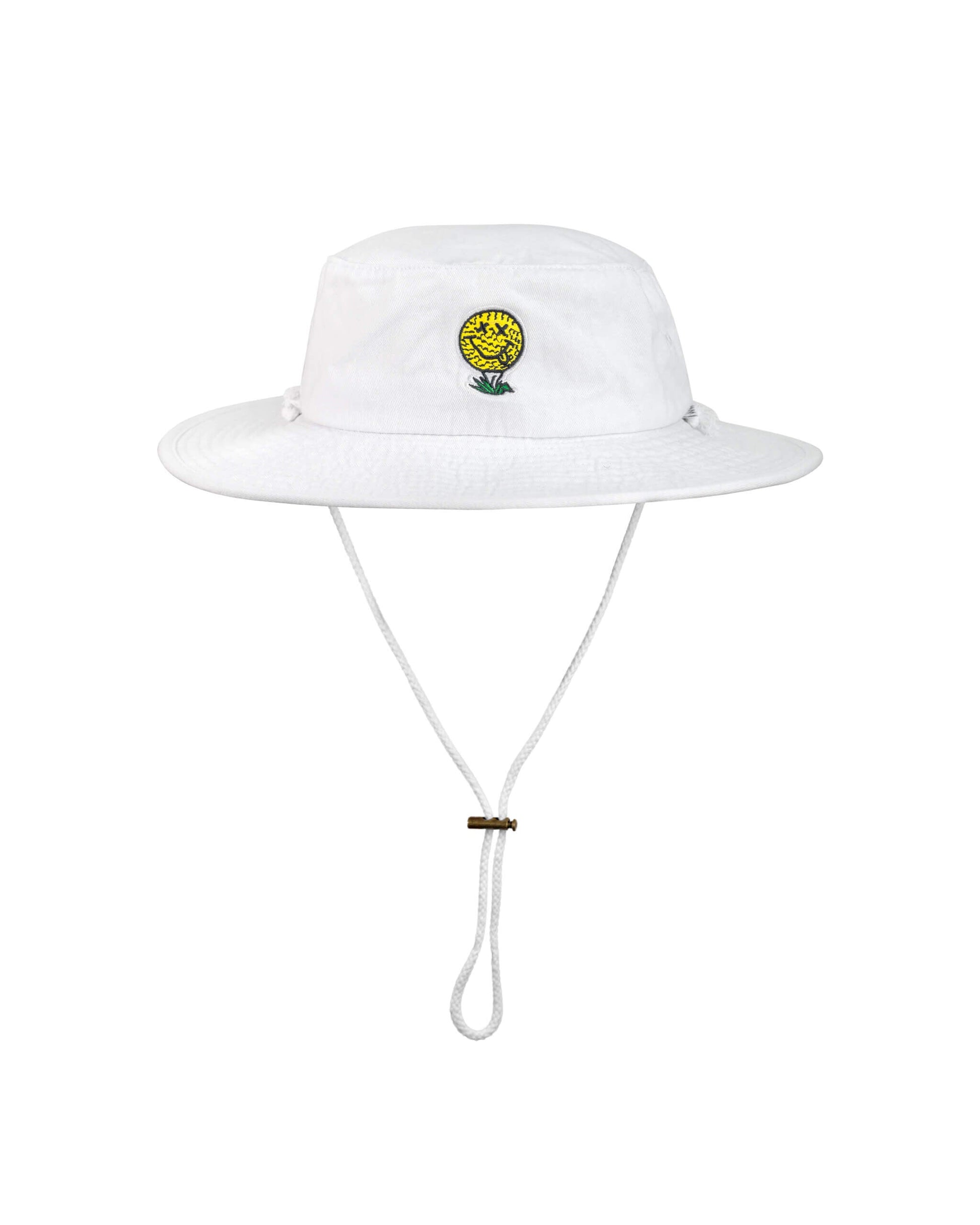 White boonie hat featuring an embroidered yellow smiley face graphic and an adjustable chin cord.