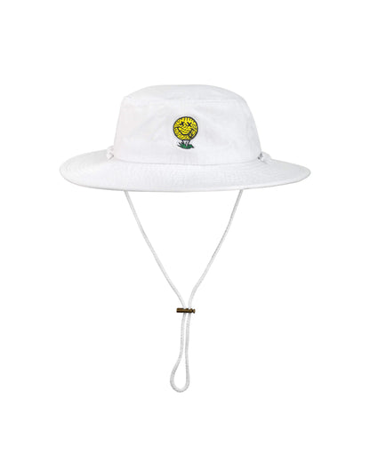 White boonie hat featuring an embroidered yellow smiley face graphic and an adjustable chin cord.