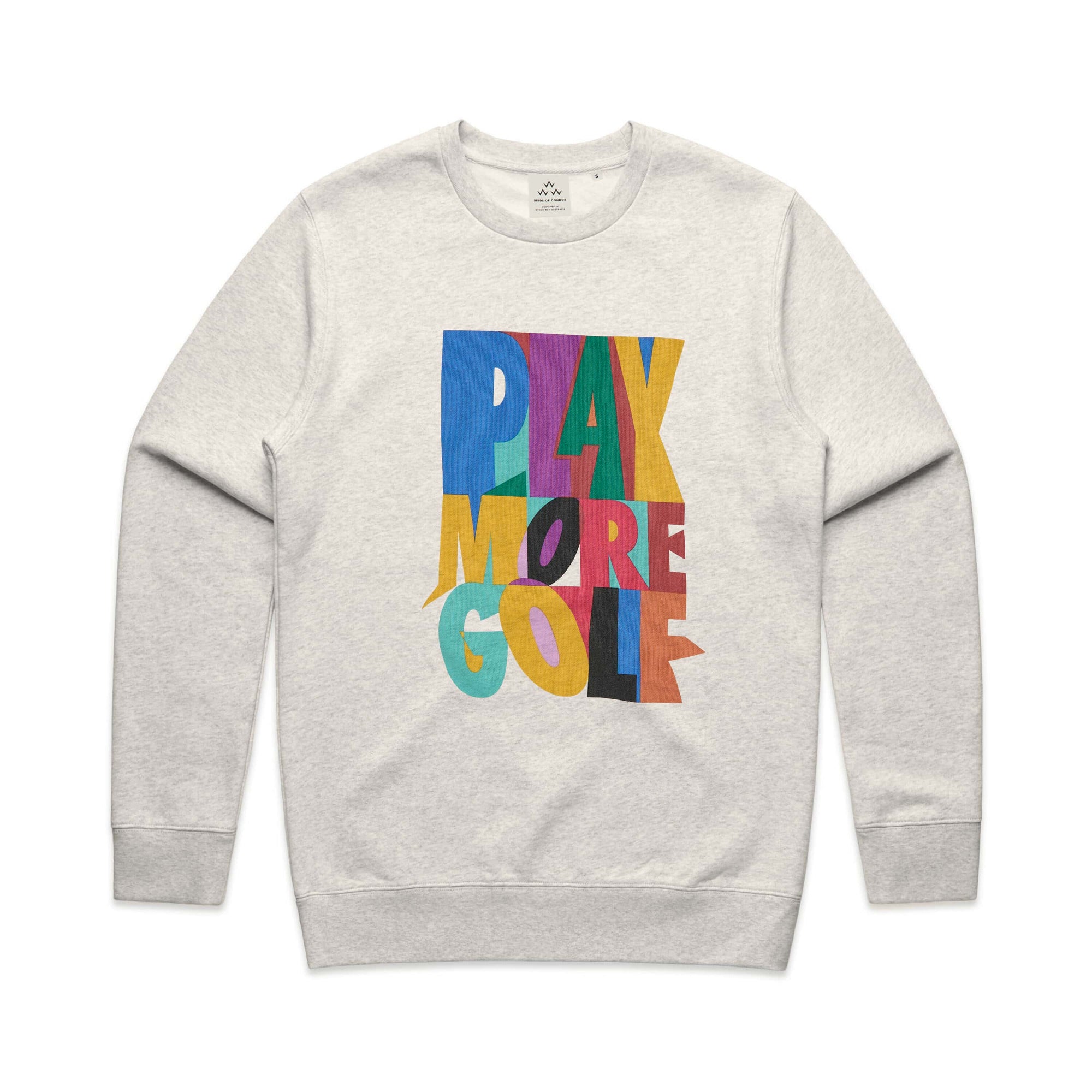 Wanna feel good? We got you, shop and Play More Golf online. White sweater with nineties style graphic.