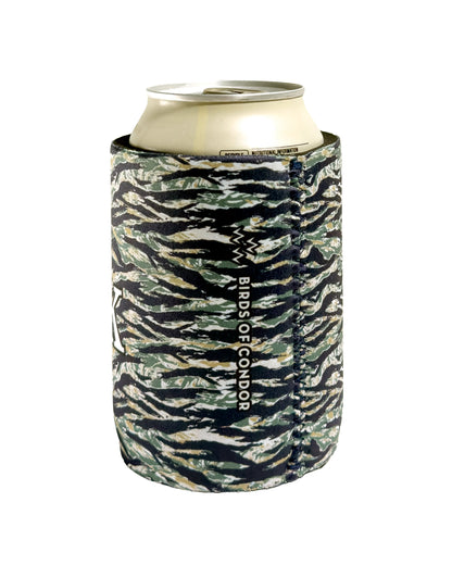Tiger camo beer koozie holding a beverage can, featuring a vertical Birds of Condor logo design.