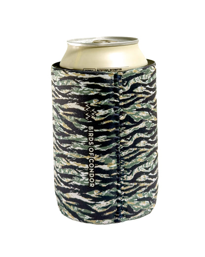 Tiger camo beer koozie holding a can, featuring a vertical Birds of Condor logo design along the side seam.