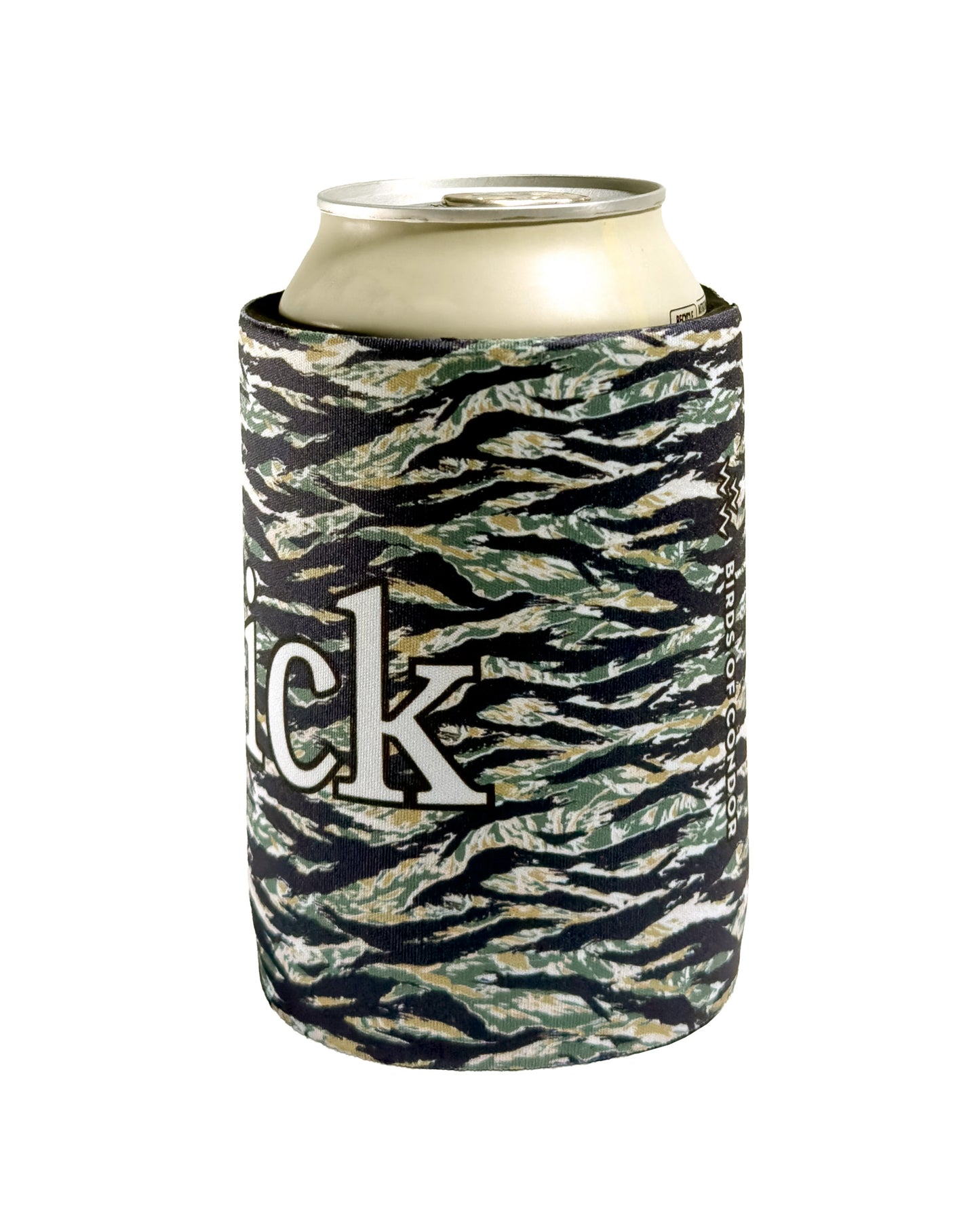 Tiger camo beer koozie holding a beverage can, featuring a white graphic text logo on the side.