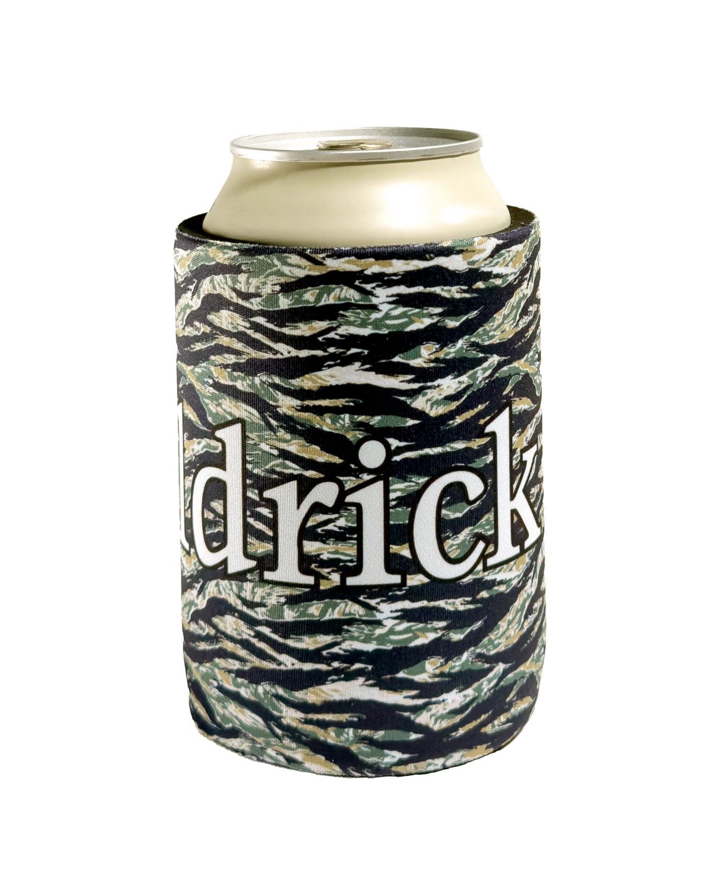 Tiger camo beer koozie featuring a large white text design with the word Eldrick across the front.