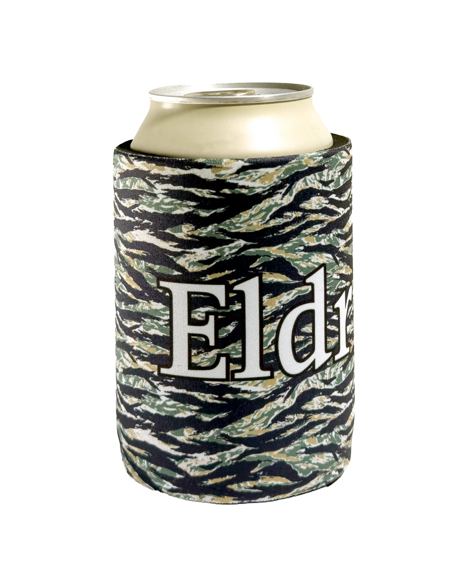 Tiger camo neoprene beer koozie featuring a white text design reading Eldrick on the front.
