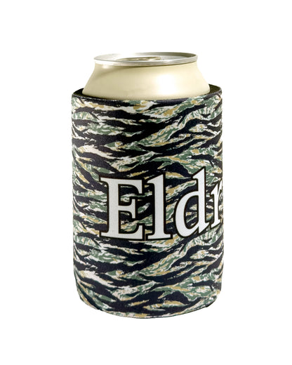 Tiger camo neoprene beer koozie featuring a white text design reading Eldrick on the front.