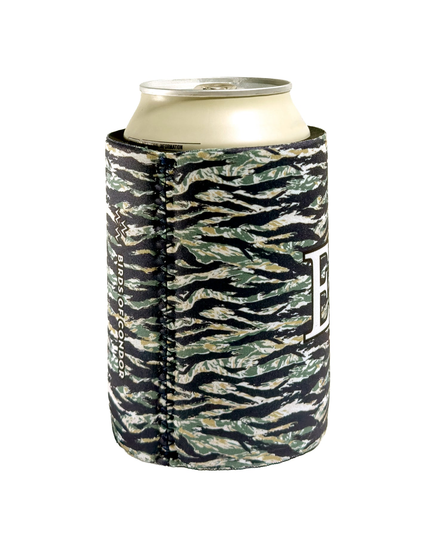 Tiger camo beer koozie holding a beverage can, featuring a side seam and white block lettering.