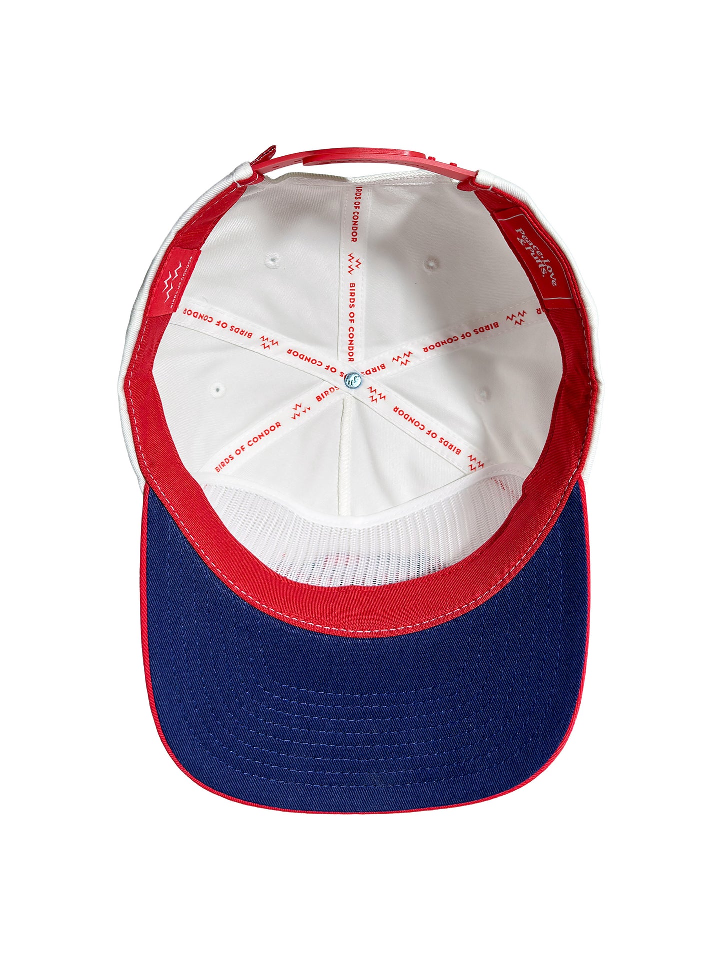 White Snapback hat with blue brim underside and red sweatband