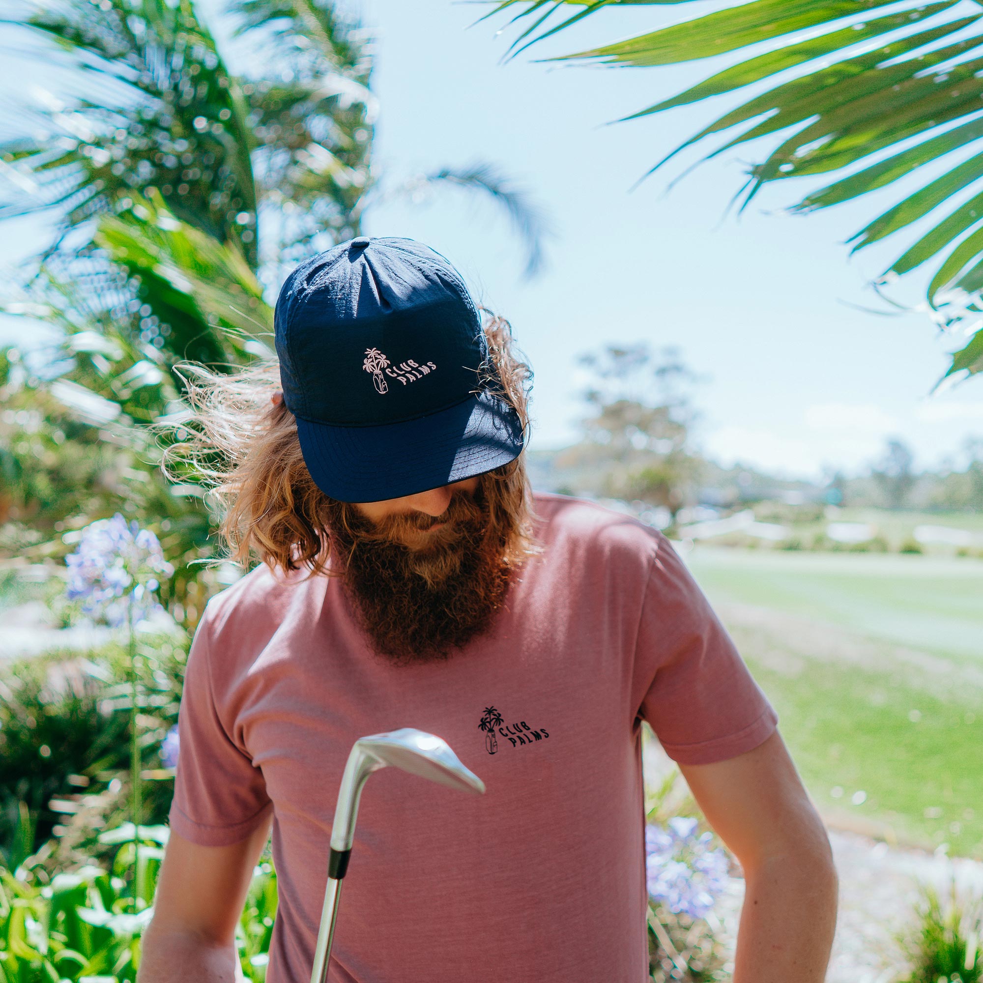 birds-of-condor-navy-blue-golf-club-palms-nylon-summer-cap-hat-front